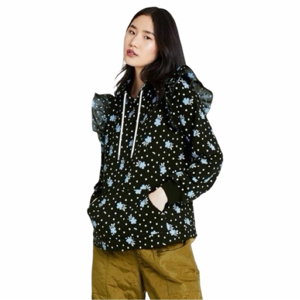 Sandy Liang Black Hoodie with Blue Floral and White Polka Dots